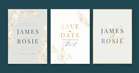 Fototapeta na wymiar Luxury Wedding Invitation set, invite thank you, rsvp modern card Design in Golden and white rose with leaf greenery branches decorative Vector elegant rustic template