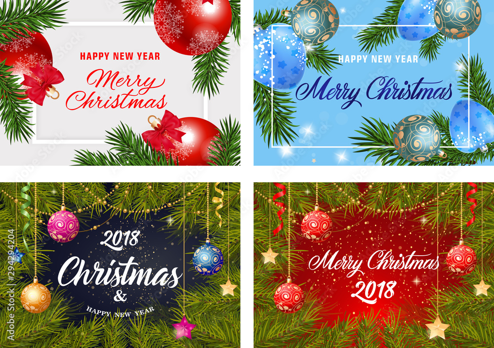 Wall mural Christmas postcard set with fir tree, hanging baubles, sparkles, text in frame on blue, red, white backgrounds. Vector illustration for festive posters, banners, flyers - Wall murals