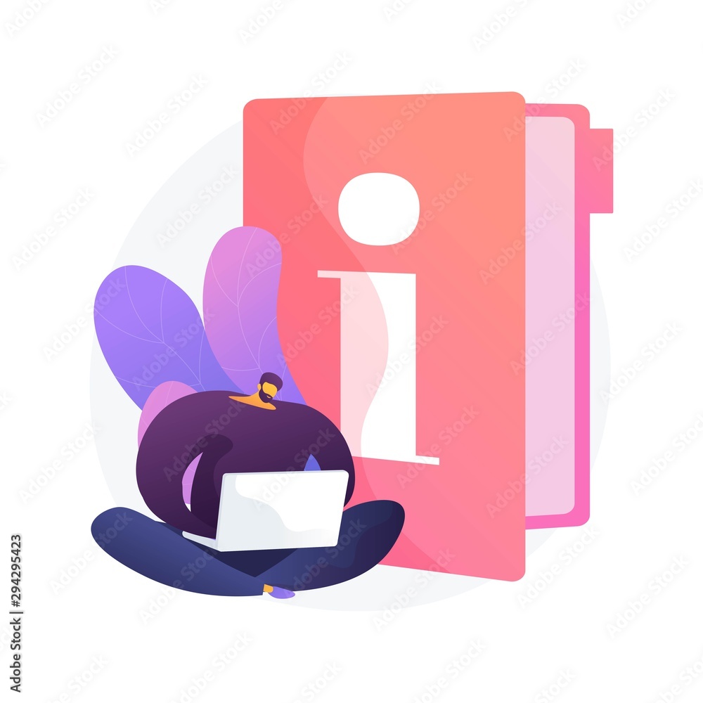 Poster instruction manual. smart man with laptop studying handbook, reading guidebook cartoon character. us