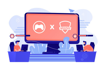 Cybersports competition. Branded game players playing. eSports collaboration esports partnership, esports and global brands cooperation concept. Pink coral blue vector isolated illustration © Visual Generation