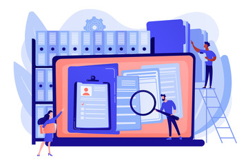 Organized archive. Searching files in database. Records management, records and information management, documents tracking system concept. Pink coral blue vector isolated illustration