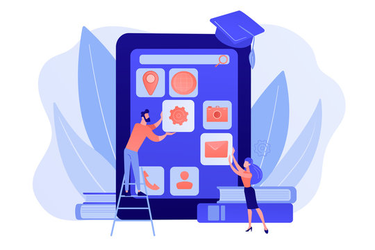 E- learning. Education process. Training application. Mobile app development courses, mobile apps online courses, become a mobile developer concept. Pink coral blue vector isolated illustration