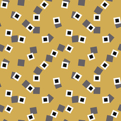 Fototapeta na wymiar A seamless vector abstract pattern with little squares sccattered on a mustard yellow background. Surface print design.
