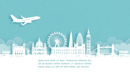 Travel poster with Welcome to London, England famous landmark in paper cut style vector illustration.