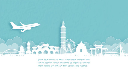 Obraz premium Travel poster with Welcome to Taipei, Chaina famous landmark in paper cut style vector illustration.