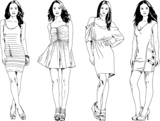 vector drawings on the theme of beautiful slim sporty girl in casual clothes in various poses painted ink hand sketch with no background