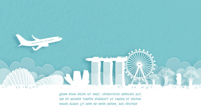 Travel poster with Welcome to Singapore famous landmark in paper cut style vector illustration.