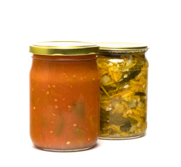  Jars with pickled vegetables isolated on white 