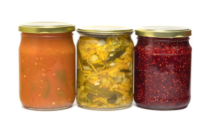  Jars with pickled vegetables isolated on white 