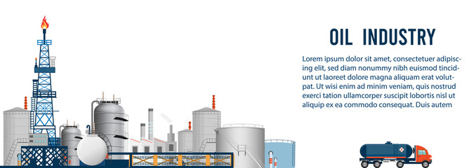 Gas oil industry platform Banner with Outbuildings, Oil storage tank. Poster Brochure Flyer Design, Vector Illustration