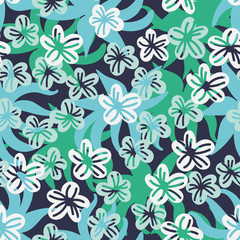 Fototapeta na wymiar A seamless vector pattern with leaves and flowers in jade green colors. Surface print design.