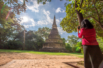 Natural background, large old pagoda (Wat Umong Suan Phutthatham), in Chiang Mai, is a famous...