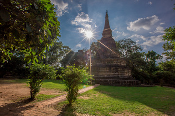 Natural background, large old pagoda (Wat Umong Suan Phutthatham), in Chiang Mai, is a famous...