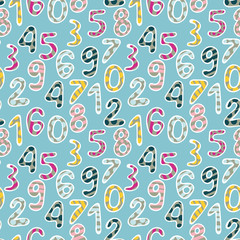 A seamless childish vector pattern with colorful dotted and striped numbers on a blue background. Surface print design.