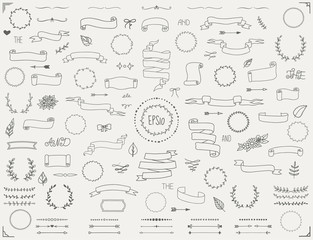 Hand drawn scrolls and banners big collection of decorative elements in vintage style. Vector eps10