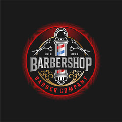 PrintBarbershop logo with a complex design of elegant vintage details with professional scissors and razor elements, for your business and professional barbershop label with quality services. - obrazy, fototapety, plakaty