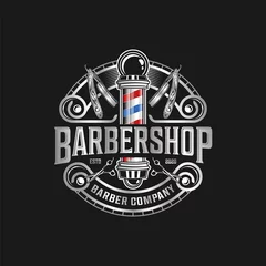 Papier Peint photo Lavable Salon de coiffure Logo PrintBarbershop avec un design complexe de détails vintage élégants avec des ciseaux professionnels et des éléments de rasoir, pour votre entreprise et étiquette de salon de coiffure professionnel avec des services de qualité.
