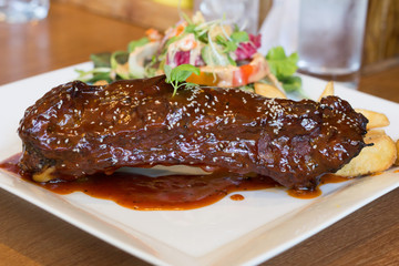 Pork rib steak paste in a dish.