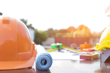 Architectural work site desk background construction project ideas concept, With drawing equipment.