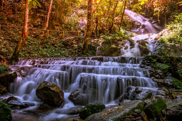 Natural blurred background of waterfalls, fast-flowing currents and water droplets from the wind...