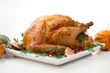 Traditional Roasted Turkey on White With Pumpkin