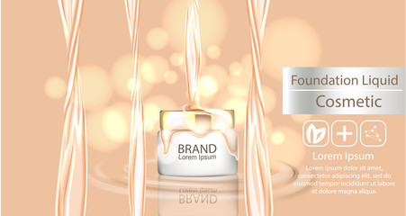 Foundation cream ads, white tube with creamy texture liquid in 3d illustration on glitter bokeh background