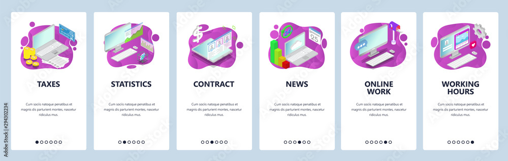 Poster website and mobile app onboarding screens vector template