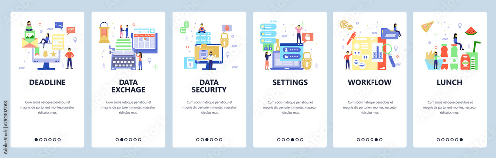 Poster workflow website and mobile app onboarding screens vector template