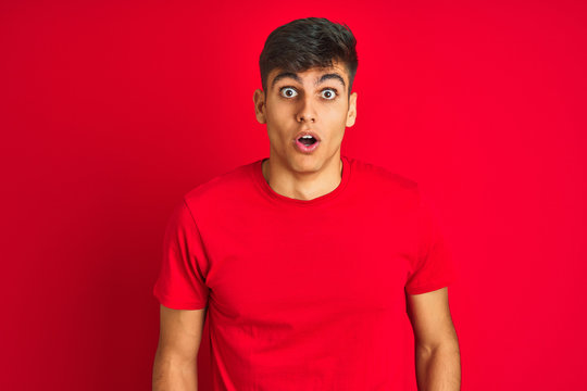 Young indian man wearing t-shirt standing over isolated red background afraid and shocked with surprise expression, fear and excited face.