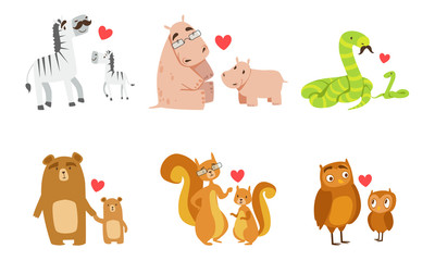 Cute animals couple dad and baby. Vector illustration.