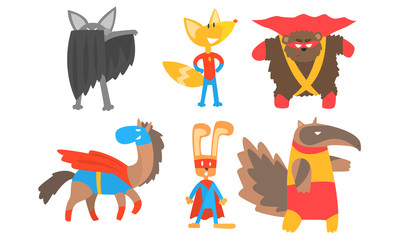 Funny animals in masks and cloaks of superheroes. Vector illustration.