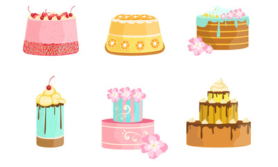 Set of cakes decorated with berries and flowers. Vector illustration.