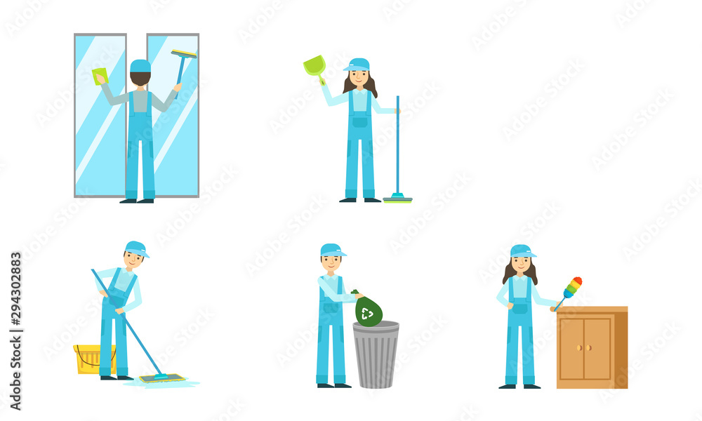 Wall mural set of cleaners in overalls at work. vector illustration.