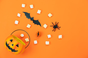 Table top view aerial image of decorations Happy Halloween day background holiday concept.Flat lay...