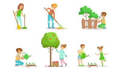 Fototapeta premium Children Volunteering in the Garden or Park Set, Teen Boys and Girls Watering Seedlings, Repairing Fence, Sweeping and Raking Leaves, Harvesting Vector Illustration