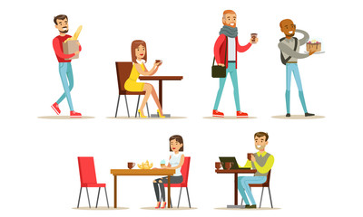 Collection of People Sitting at Tables, Drinking Coffee or Tea at Cafe, Visitors Buying Desserts, Baguette and Drinks at Bakery Shop or Confectionery Vector Illustration