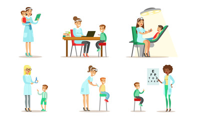 Fototapeta na wymiar Doctor Doing Medical Examination and Vaccination of Kids Set, Boys and Girls Examining at Pediatrician, Dentist, Ophthalmologist Vector Illustration
