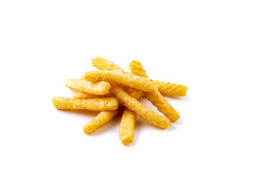 Pile of prawn crackers on white background with clipping path