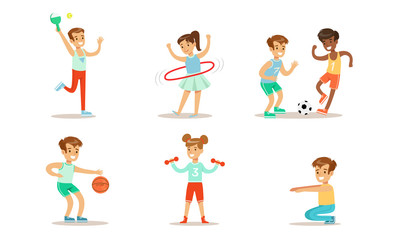 Fototapeta na wymiar Children Doing Different Kind of Sports Set, Teen Boys and Girls, Playing Soccer, Basketball, Squatting, Twirling Hula Hoop, Exercising with Dumbbells Vector Illustration