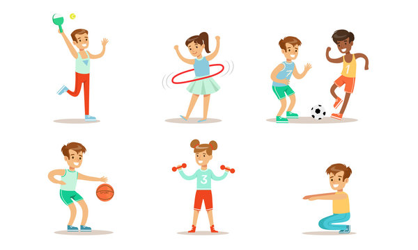 Children Doing Different Kind of Sports Set, Teen Boys and Girls, Playing Soccer, Basketball, Squatting, Twirling Hula Hoop, Exercising with Dumbbells Vector Illustration