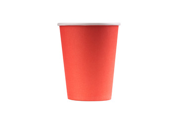 red coral paper cup isolated on white background. utensil and disposable kitchenware. coffee to go cup mockup.