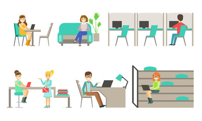 Modern Coworking Center, People Metting,Talking and Working Together at the Computers in the Open Space Office Vector Illustration