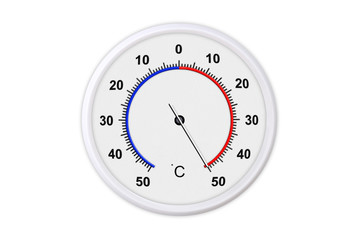 Celsius scale thermometer for measuring weather temperature.  Thermometer isolated on white background. Ambient temperature plus 50 degrees