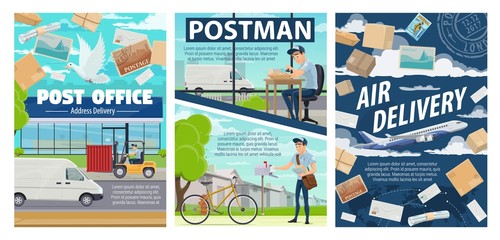 Postmen, post office and parcels. Mail delivery