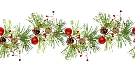 Pine branch with cones, Christmas decoration and red dry berries in a line arrangement