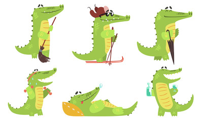 Cute Crocodile Cartoon Character in Different Situations Set, Funny Humanized Reptile Animal Vector Illustration