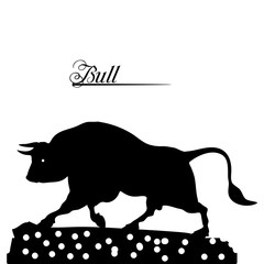 Silhouette of a black bull close-up, on a white background