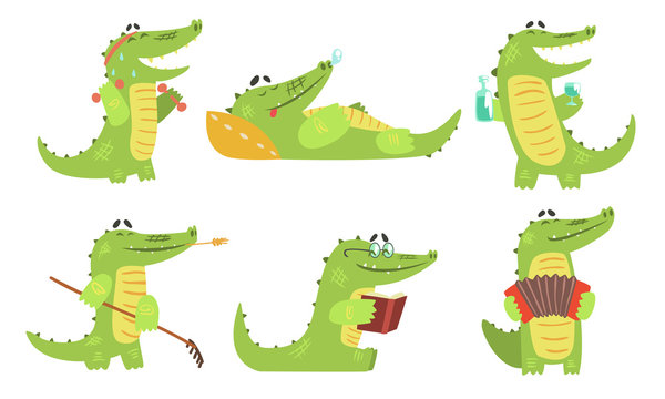 Cute Crocodile Cartoon Character in Different Situations Set, Funny Humanized Reptile Alligator Animal Vector Illustration