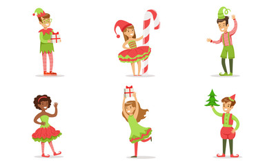 Cute Children Dressed as Christmas Elves Set, Boys and Girls Wearing Masquerade Costumes for Christmas Carnival Party Vector Illustration