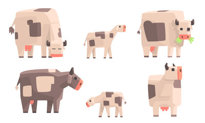 Cow, Bull and Calf Set, Geometric Farm Animals, Livestock Vector Illustration